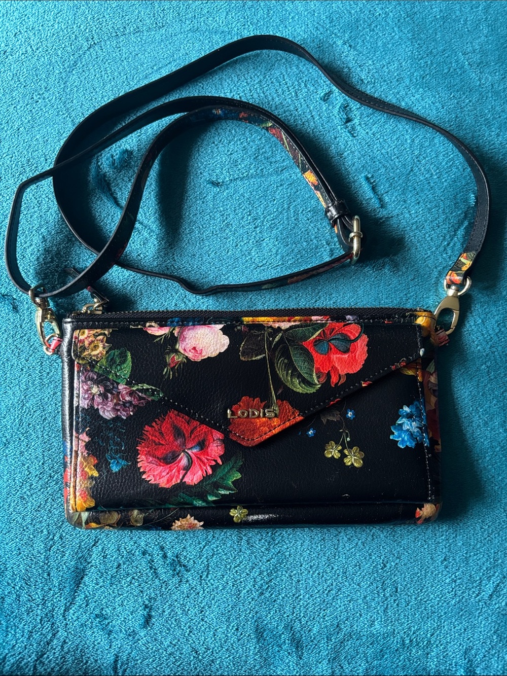 Lodis Black Floral Crossbody with Envelope Flap Wallet on Front
